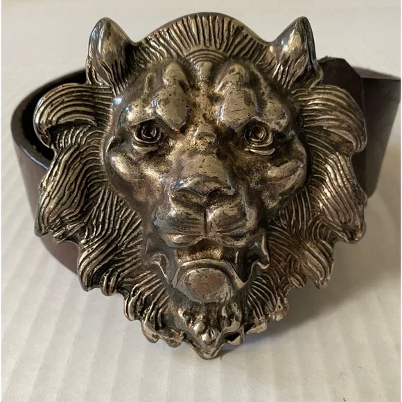 VINTAGE Silver Metal Lion's Head Belt Buckle with Belt Size 34 - Picture 7 of 16